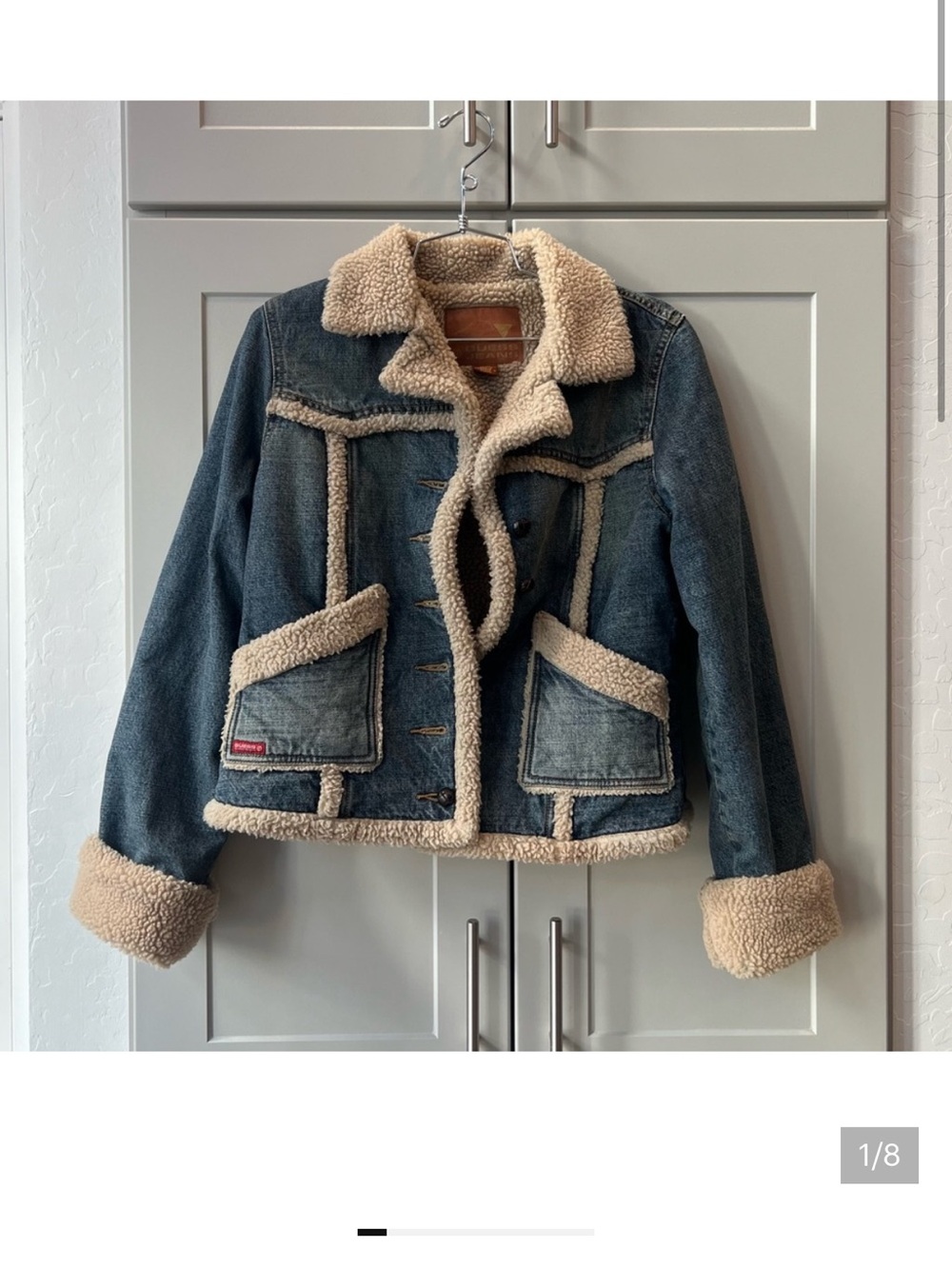y2k Guess Denim Sherpa-Lined Jacket in Blue and Tan sz M - Picture 6 of 7